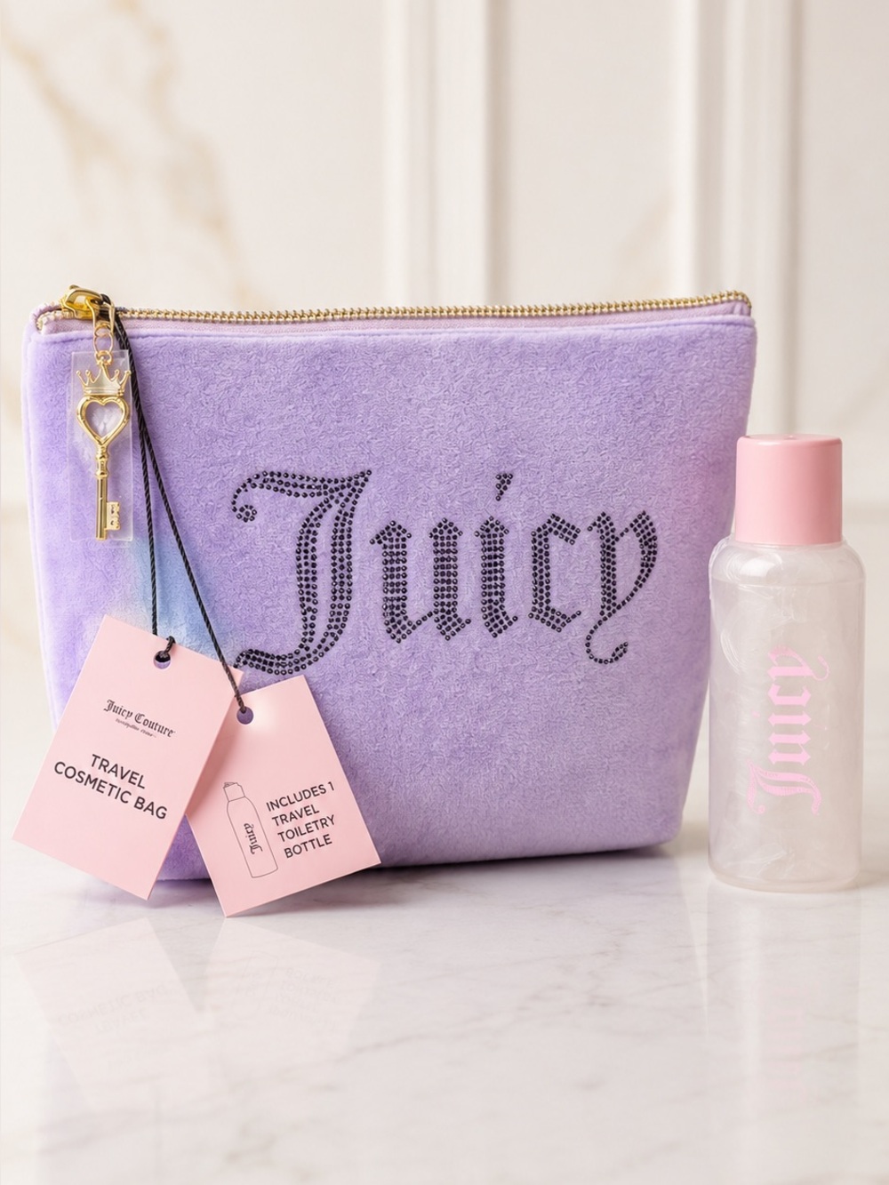 Juicy Couture Lavender Velour Rhinestone Makeup Bag + Travel Bottle NWT